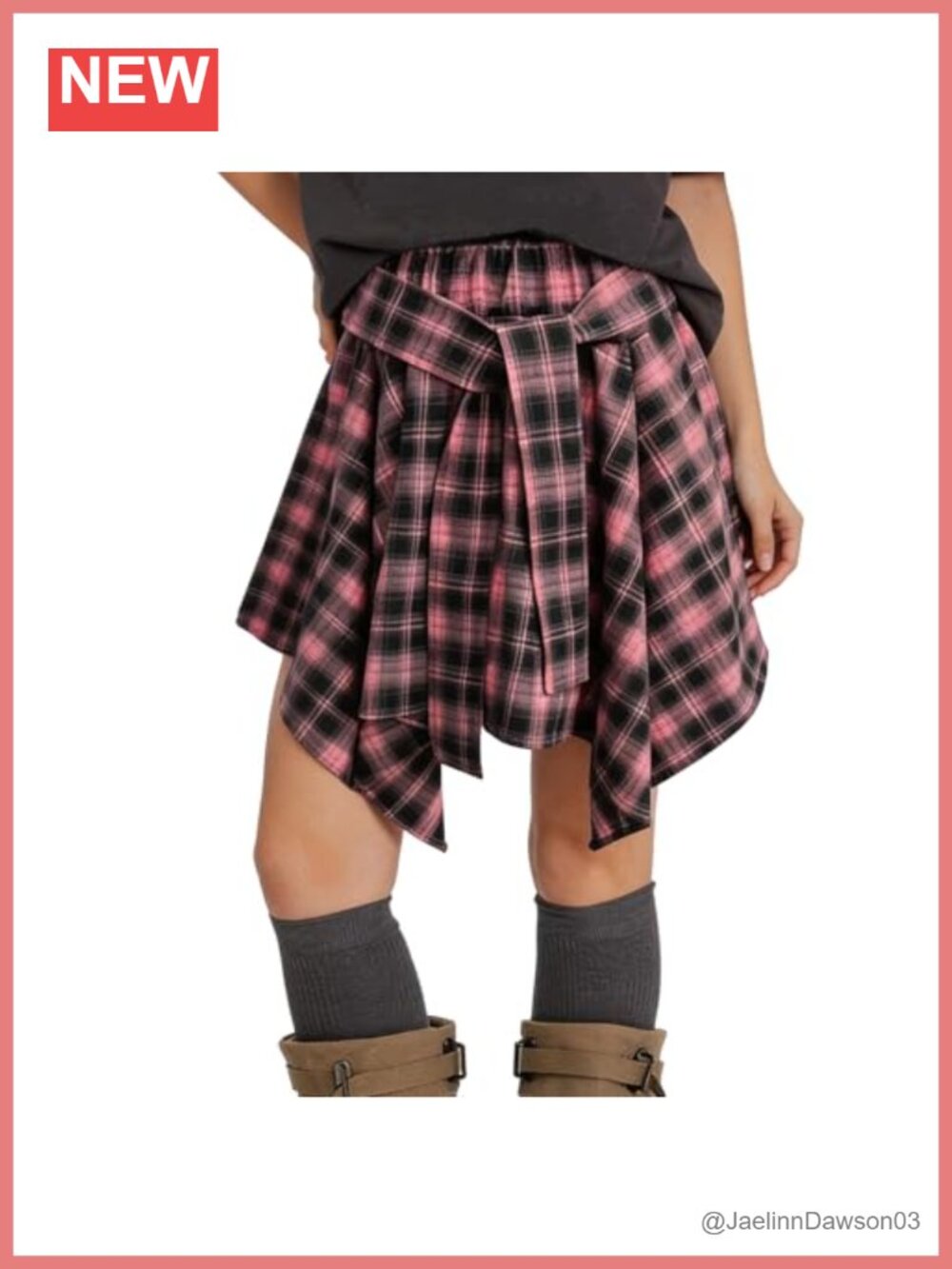 Plaid Mini Skater Skirt Elastic High Waist Tie Front Asymmetrical Hem